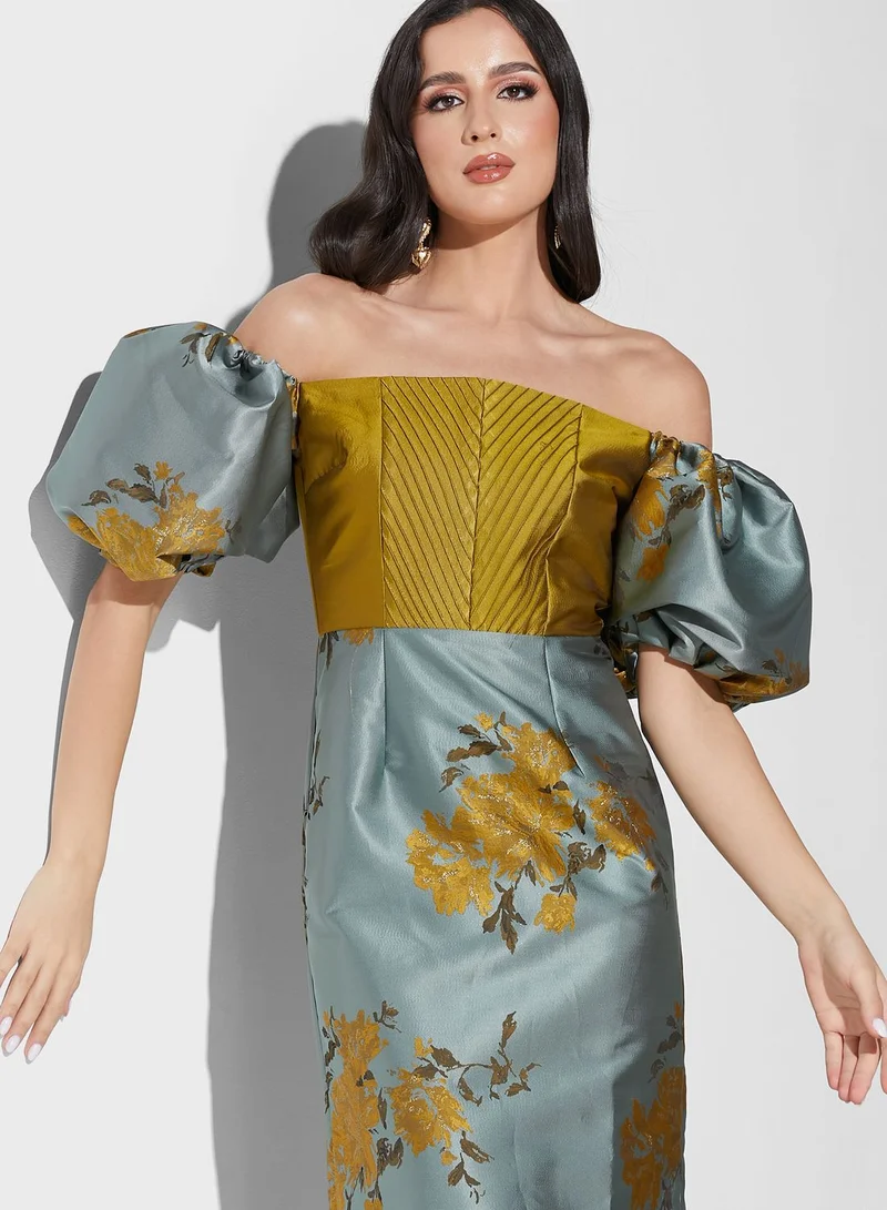 Threadz by Ajooni Bardot Floral Balloon Sleeve Dress