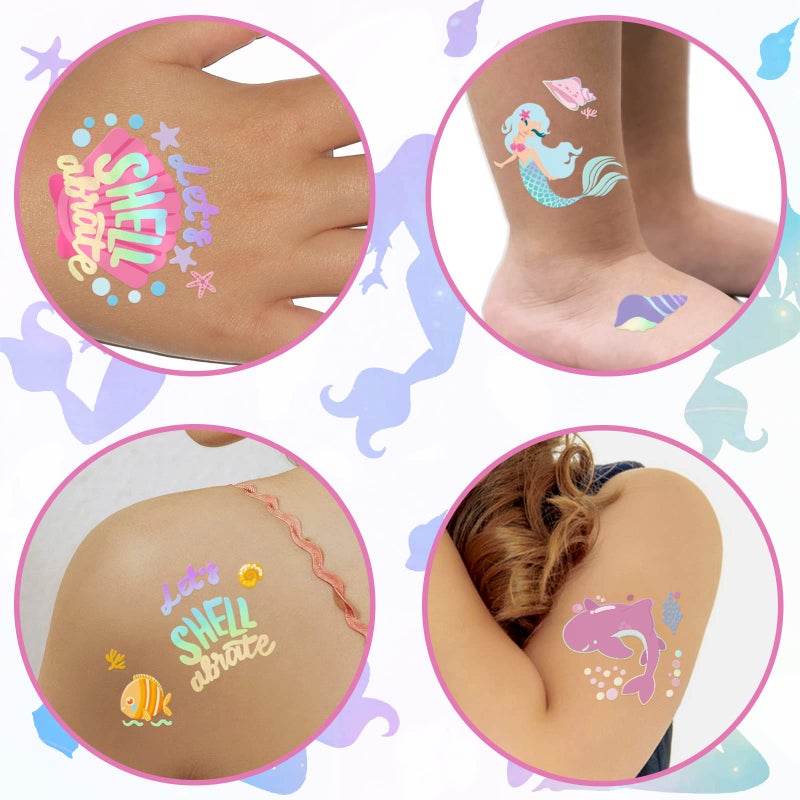 Metuu Temporary Tattoos Mermaid for Kids, 80+ Metallic Foil Style Bronzing Fake Tattoos, 4 Sheets Glitter Tattoos, Birthday Party Supplies, Easter Present, Ocean Animal Stickers for Boy and Girls - Image 4