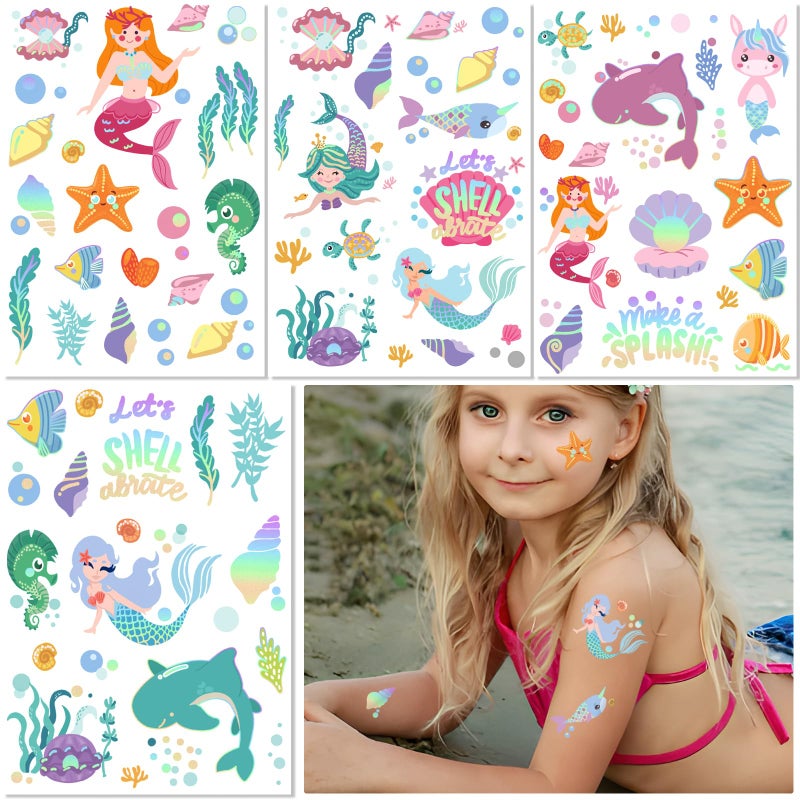 Metuu Temporary Tattoos Mermaid for Kids, 80+ Metallic Foil Style Bronzing Fake Tattoos, 4 Sheets Glitter Tattoos, Birthday Party Supplies, Easter Present, Ocean Animal Stickers for Boy and Girls - Image 2