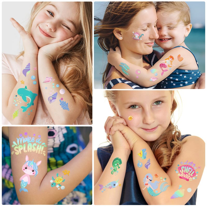 Metuu Temporary Tattoos Mermaid for Kids, 80+ Metallic Foil Style Bronzing Fake Tattoos, 4 Sheets Glitter Tattoos, Birthday Party Supplies, Easter Present, Ocean Animal Stickers for Boy and Girls - Image 5