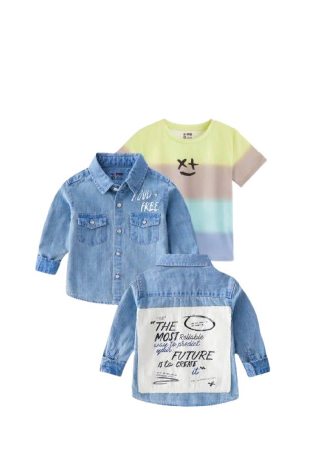 Half-sleeved T-shirt and long-sleeved denim shirt