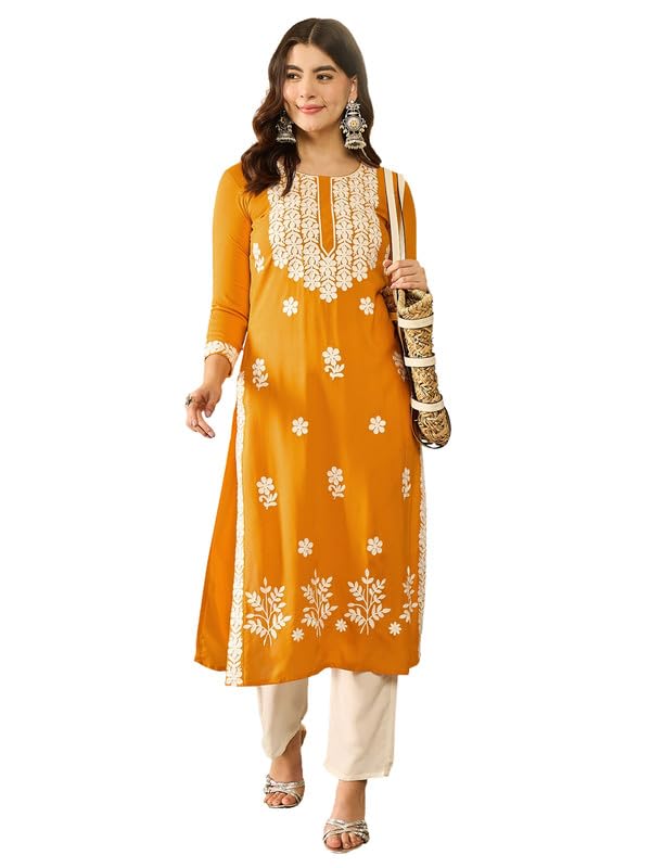 Vaamsi Women's Viscose Rayon Solid Embroidered Straight Kurta (VCK9785_3XL_Yellow) - Image 1