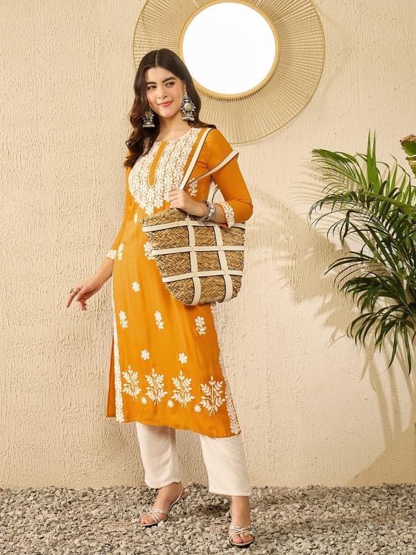 Vaamsi Women's Viscose Rayon Solid Embroidered Straight Kurta (VCK9785_3XL_Yellow) - Image 5