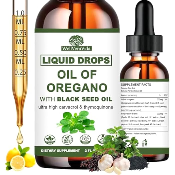 WellVeraVida Oil of Oregano with Black Seed Oil, 7-in-1 Organic Oregano Oil Drops W/Garlic Elderberry Olive Leaf, Carvacrol & Thymol*丨Natural Herbal Supplements for Seasoning Immune, Antioxidant Support丨Vegan - Image 1