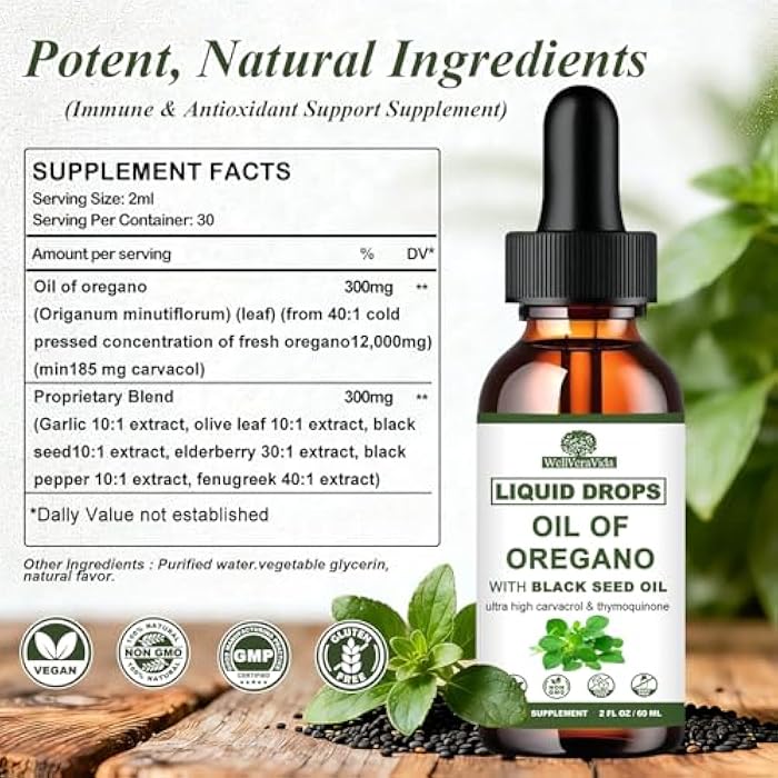 WellVeraVida Oil of Oregano with Black Seed Oil, 7-in-1 Organic Oregano Oil Drops W/Garlic Elderberry Olive Leaf, Carvacrol & Thymol*丨Natural Herbal Supplements for Seasoning Immune, Antioxidant Support丨Vegan - Image 5