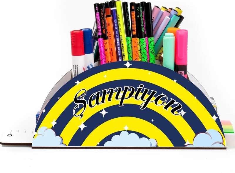 Notpa Wooden Vip Yellow Navy Blue Rainbow Desktop Pencil Holder with Ruler Organizer for Kids VIP112