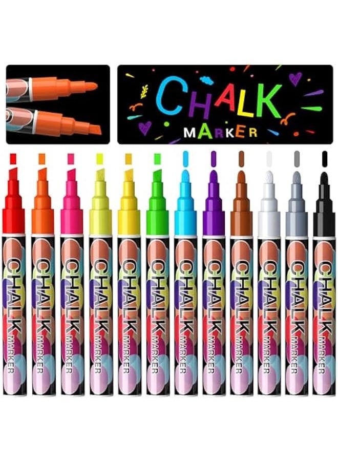 Generic Liquid Chalk Markers, 12 Colors Chalkboard Marker Pens, Wet Erasable Chalk Markers for Chalkboard, Signs, Car Windows, Blackboard, Glass, Mirrors - 6mm Reversible Tip Neon Chalk Markers for Kids  - Image 1