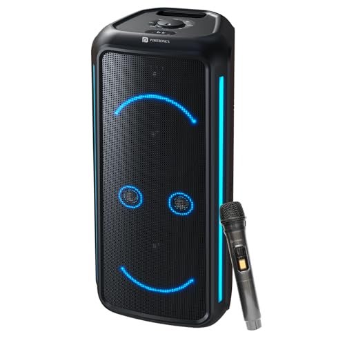 Portronics 250W Iron Beats 5 Prime Wireless Wheeled Party Speaker with Upto 6 Hours Playtime & Wireless Karaoke UHF Mic, Dual 8 Inch Subwoofer, Smiley LED Lights, Bass Boost Technology (Black) - Image 1