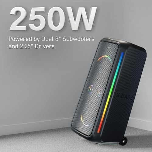 Portronics 250W Iron Beats 5 Prime Wireless Wheeled Party Speaker with Upto 6 Hours Playtime & Wireless Karaoke UHF Mic, Dual 8 Inch Subwoofer, Smiley LED Lights, Bass Boost Technology (Black) - Image 2