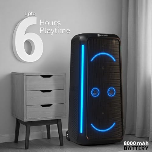 Portronics 250W Iron Beats 5 Prime Wireless Wheeled Party Speaker with Upto 6 Hours Playtime & Wireless Karaoke UHF Mic, Dual 8 Inch Subwoofer, Smiley LED Lights, Bass Boost Technology (Black) - Image 3