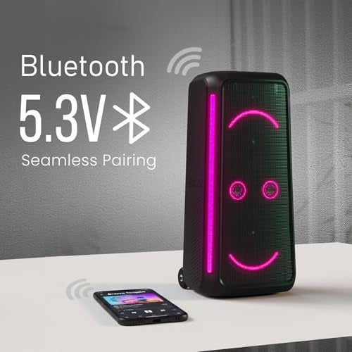 Portronics 250W Iron Beats 5 Prime Wireless Wheeled Party Speaker with Upto 6 Hours Playtime & Wireless Karaoke UHF Mic, Dual 8 Inch Subwoofer, Smiley LED Lights, Bass Boost Technology (Black) - Image 5