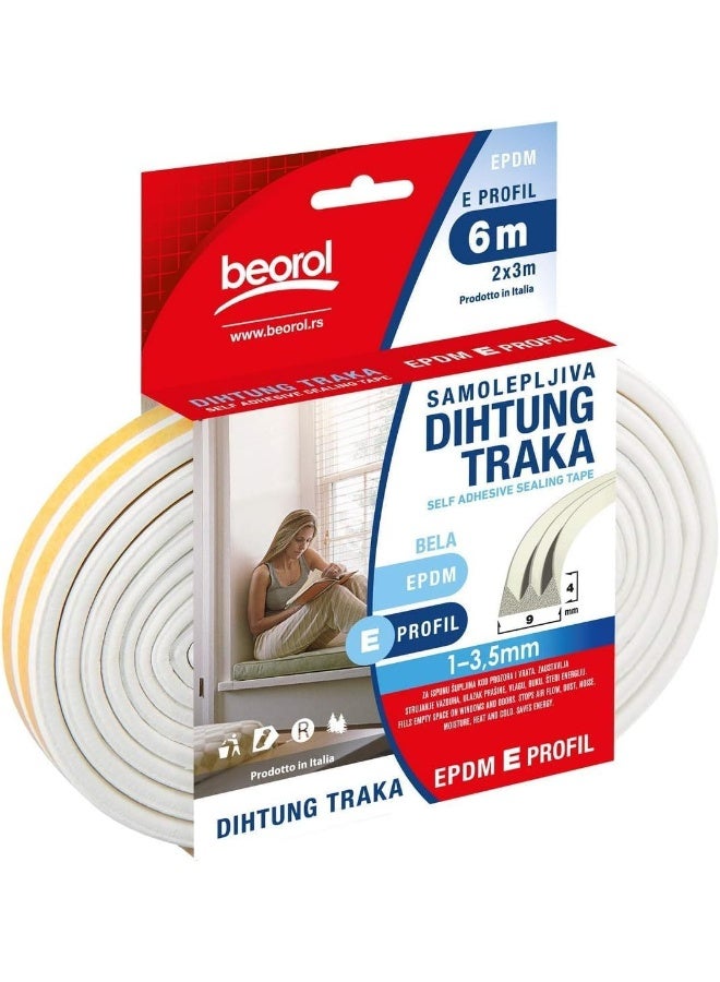 Beorol شريط مطاطي عازل للطقس 6 متر - شريط فوم EPDM، شريط مطاطي ذاتي اللصق عالي القوة لمقاومة التصادم للأبواب والنوافذ، مانع تسرب الصوت (شكل E أبيض) - Image 1