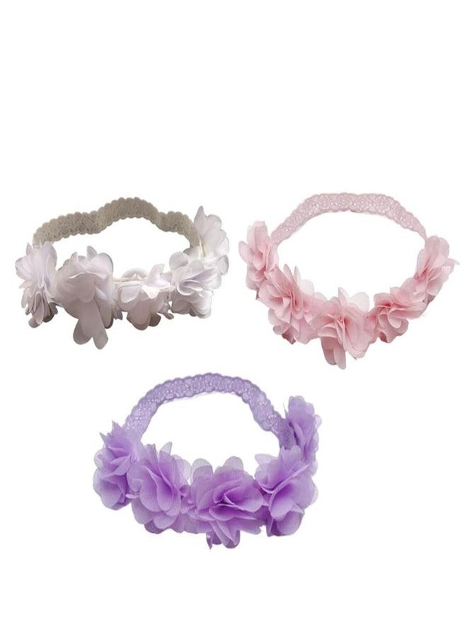 Jilukibo Baby Elastic Lace Bows Flower Headbands, Stretch Gold Princess Floral Hair Band Headwear for Infant Girls Toddler Hair Accessories (3 Pack, White Pink Purple) - Image 4