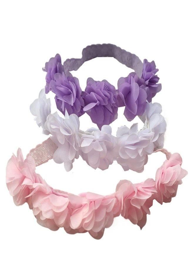Jilukibo Baby Elastic Lace Bows Flower Headbands, Stretch Gold Princess Floral Hair Band Headwear for Infant Girls Toddler Hair Accessories (3 Pack, White Pink Purple) - Image 1