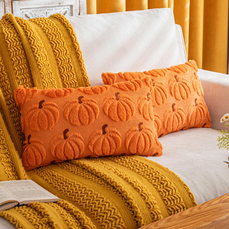 Cosibono Pumpkin Fall Decorative Covative Converse 12 "X20" مجموعة من 2 برتقالي بني ناعم الفراء أغطية وسادة لحصاد الخريف فطائر الفخمة وسادة الحالات لمزرعة هالوين ديكور - Image 1