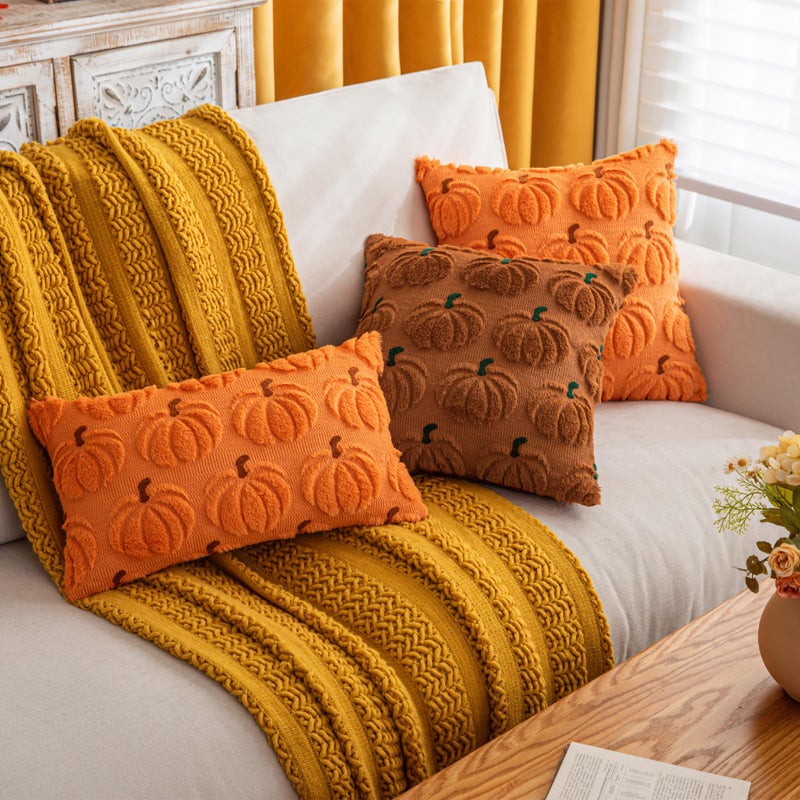 Cosibono Pumpkin Fall Decorative Covative Converse 12 "X20" مجموعة من 2 برتقالي بني ناعم الفراء أغطية وسادة لحصاد الخريف فطائر الفخمة وسادة الحالات لمزرعة هالوين ديكور - Image 5