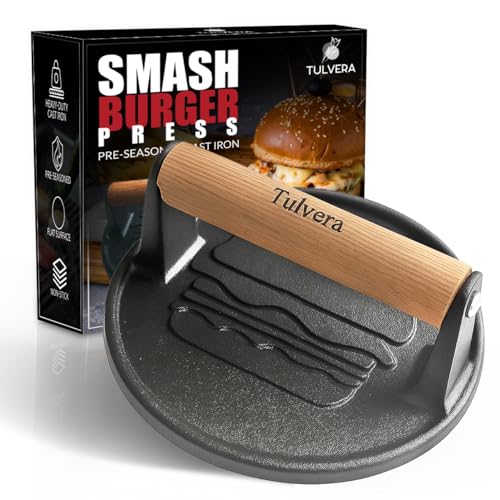Tulvera Smash Burger Press Cast Iron Hamburger Smasher Tool FlatEdge Meat Press for Hamburgers Bacon Outdoor Kitchen Griddle Grilling Accessories PreSeasoned 61 - Image 1