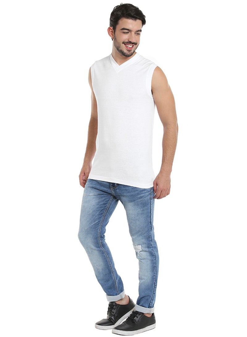 BYC MEN'S SLEEVELESS V-NECK COTTON T-SHIRT (PACK OF 3) - WHITE  - Image 4