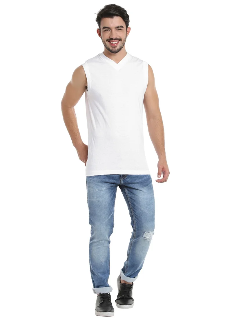 BYC MEN'S SLEEVELESS V-NECK COTTON T-SHIRT (PACK OF 3) - WHITE