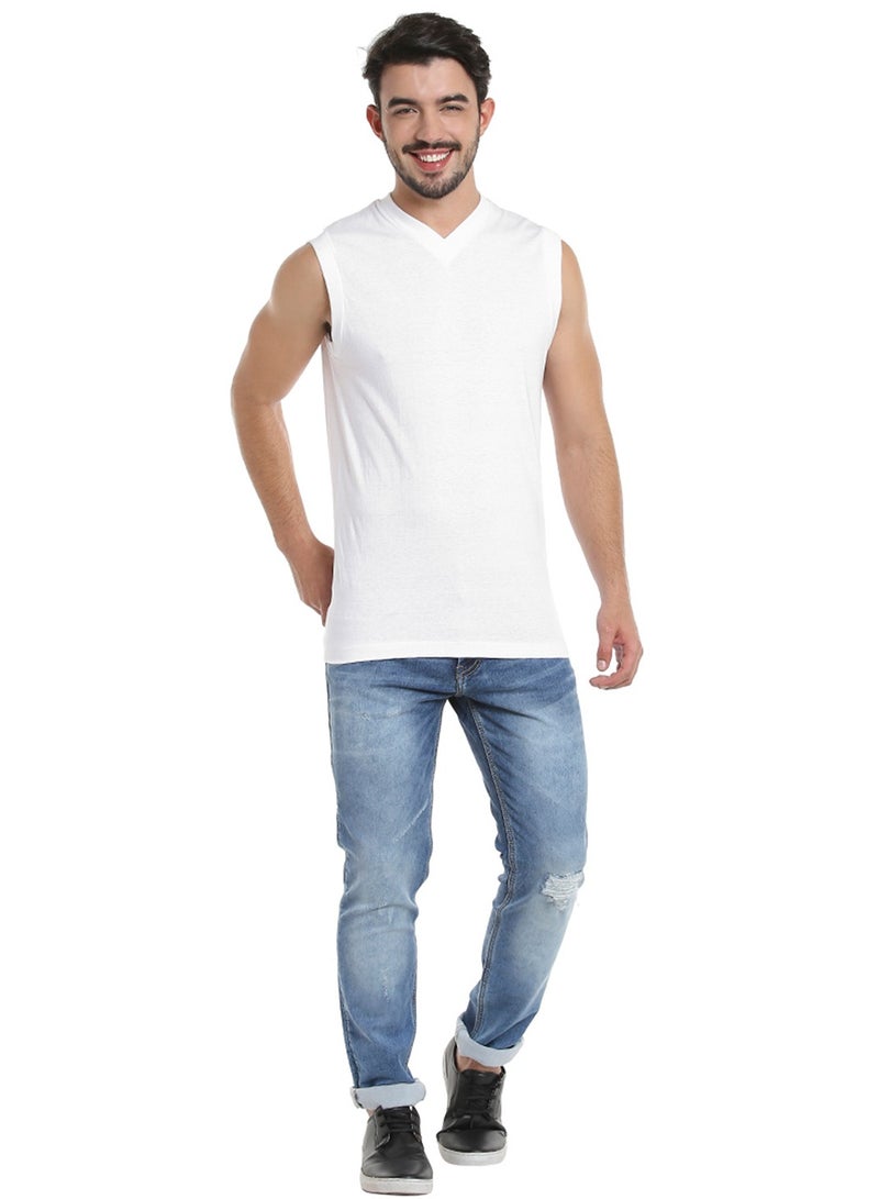 BYC MEN'S SLEEVELESS V-NECK COTTON T-SHIRT (PACK OF 3) - WHITE  - Image 2
