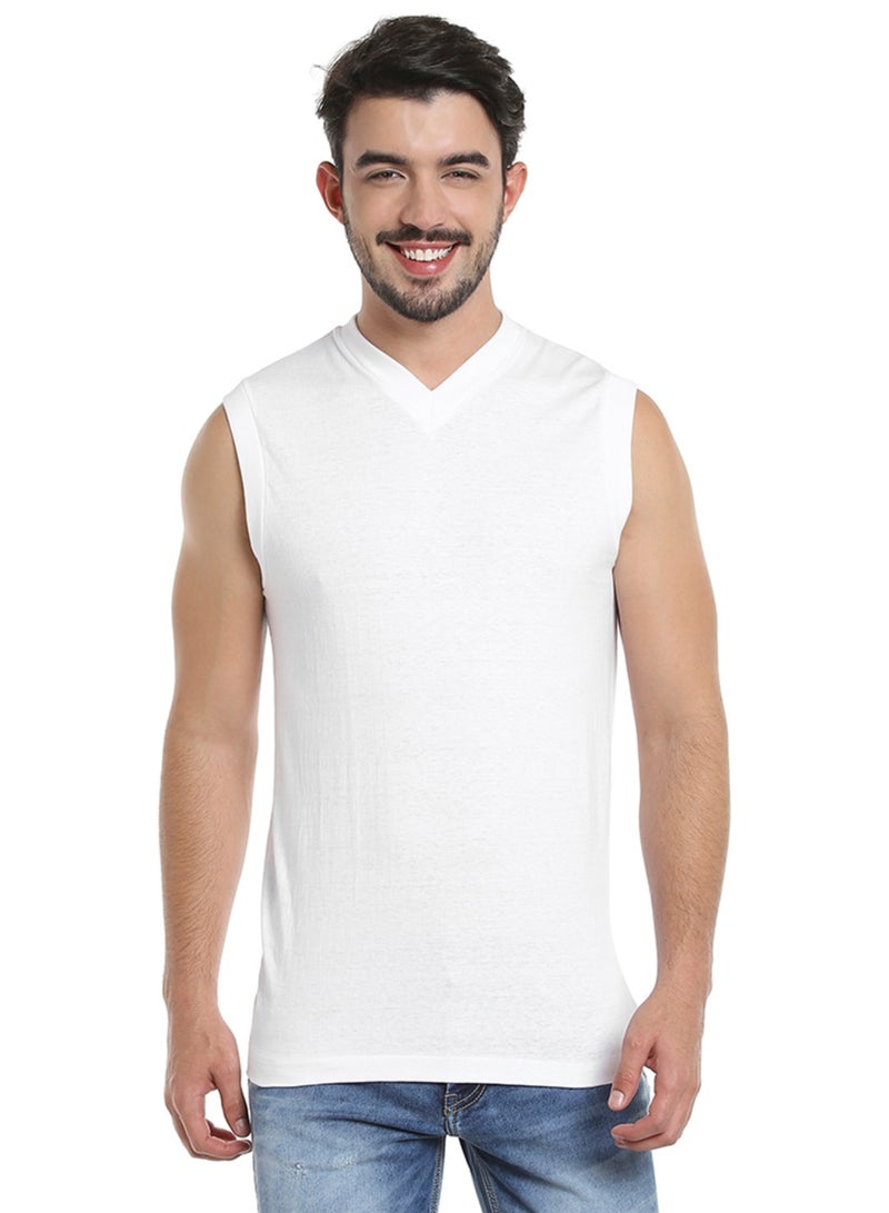 BYC MEN'S SLEEVELESS V-NECK COTTON T-SHIRT (PACK OF 3) - WHITE  - Image 3