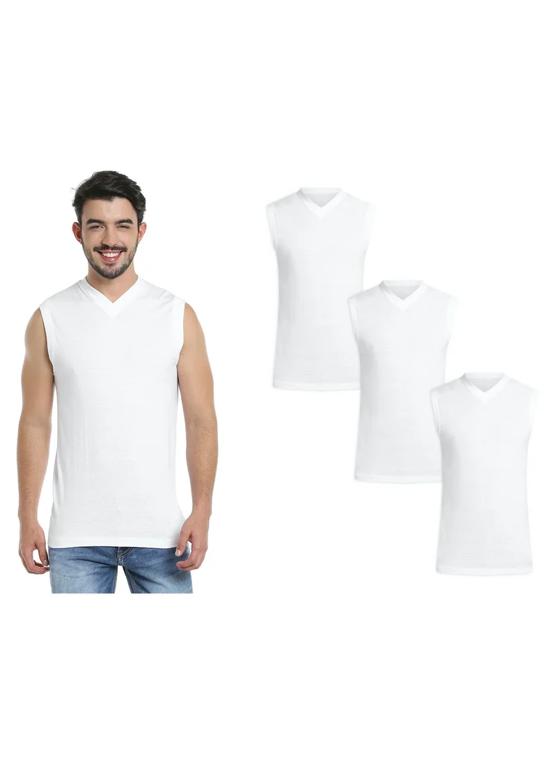 بي واي سي تيشيرت رجالي بدون أكمام بياقة على شكل حرف  قطن عبوة من  - أبيض