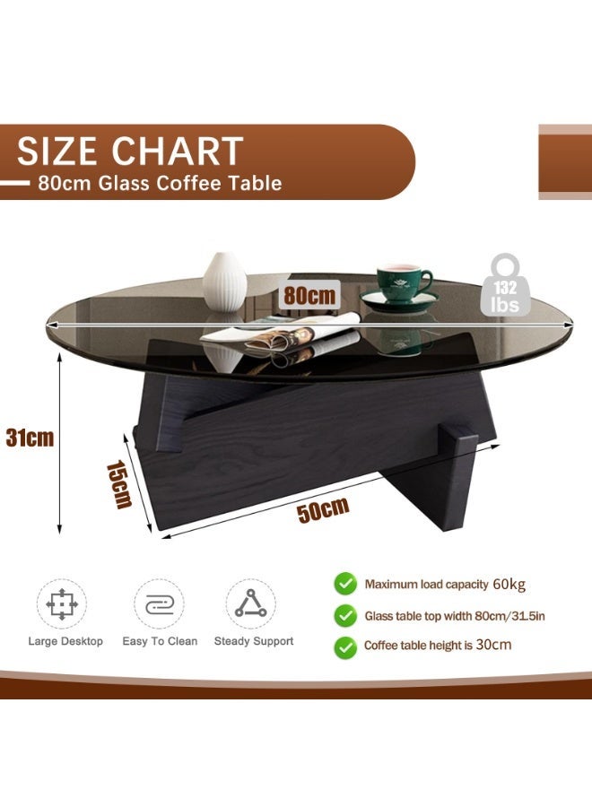 YSOAE Round Coffee Table for Living Room, Modern Glass Coffee Table, Tempered Glass Top, 80x80x31CM, Mid Century Vintage Unique Center Tables with Solid Wood Legs, for Small Spaces, Black & Gray - Image 2