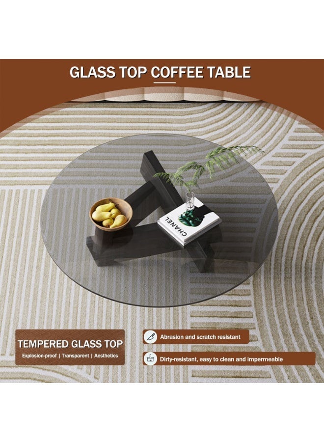 YSOAE Round Coffee Table for Living Room, Modern Glass Coffee Table, Tempered Glass Top, 80x80x31CM, Mid Century Vintage Unique Center Tables with Solid Wood Legs, for Small Spaces, Black & Gray - Image 4