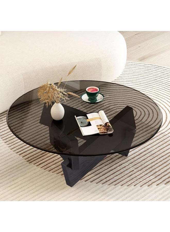YSOAE Round Coffee Table for Living Room, Modern Glass Coffee Table, Tempered Glass Top, 80x80x31CM, Mid Century Vintage Unique Center Tables with Solid Wood Legs, for Small Spaces, Black & Gray - Image 1