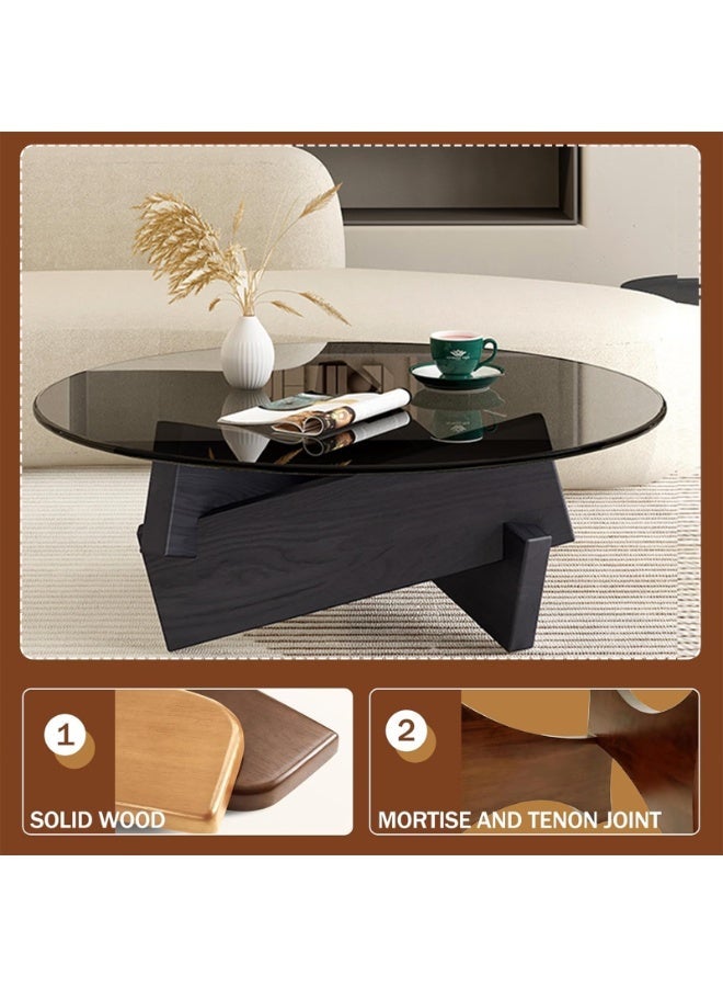 YSOAE Round Coffee Table for Living Room, Modern Glass Coffee Table, Tempered Glass Top, 80x80x31CM, Mid Century Vintage Unique Center Tables with Solid Wood Legs, for Small Spaces, Black & Gray - Image 5