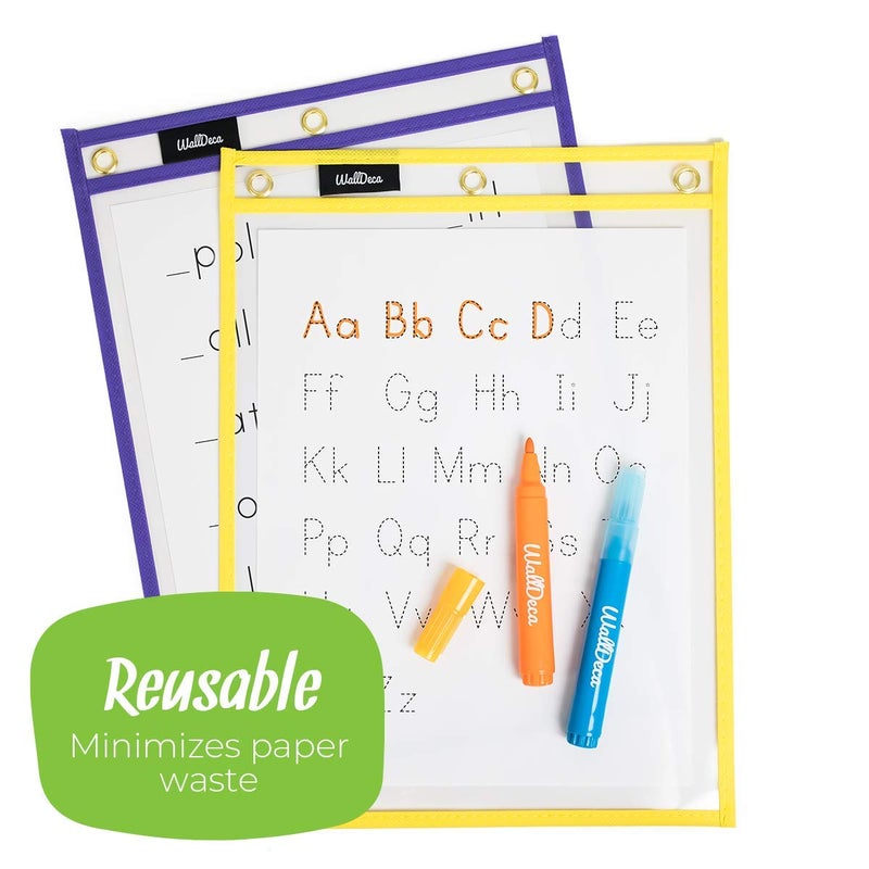 Walldeca Dry Erase Plastic Sleeves for Paper 8.5x11 inches 25 pk - Dry Erase Pockets Reusable Sleeves - Plastic Covers for Paper Holder Pack, Write and Wipe Pockets, Clear Pockets for Classroom - Image 3