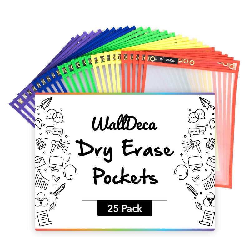 Walldeca Dry Erase Plastic Sleeves for Paper 8.5x11 inches 25 pk - Dry Erase Pockets Reusable Sleeves - Plastic Covers for Paper Holder Pack, Write and Wipe Pockets, Clear Pockets for Classroom - Image 1