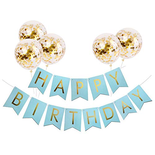 Tellpet Light Blue HAPPY BIRTHDAY Banner with 5 pcs Gold Confetti Balloons - Image 1