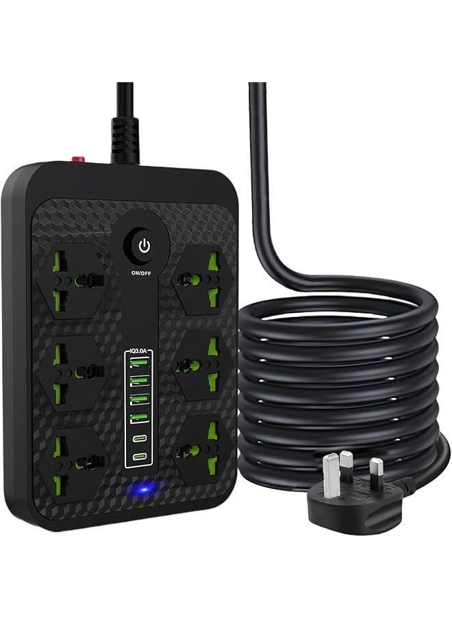 Rness Rness Extension Cord Power Strips 6 Outlets with Overload Protector, Power Socket with 4 USB & 2 Type-C 5V/3.4A Ports,Universal Charging Socket with 6FT/2M Bold Extension Lead Max 3000W (Black)  - Image 1