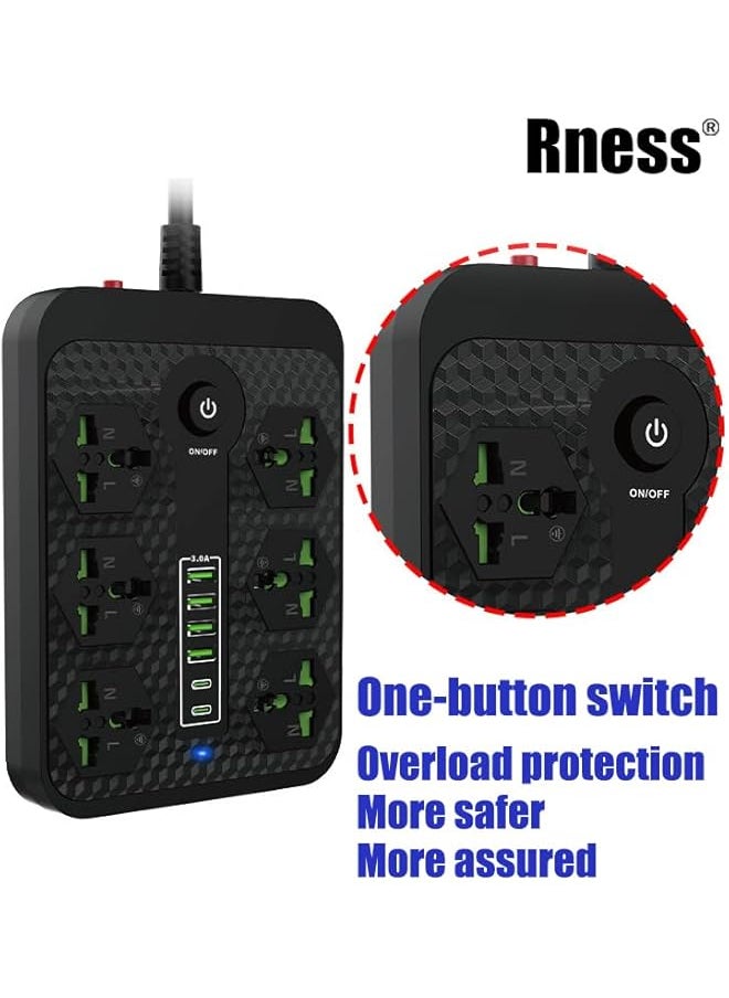 Rness Rness Extension Cord Power Strips 6 Outlets with Overload Protector, Power Socket with 4 USB & 2 Type-C 5V/3.4A Ports,Universal Charging Socket with 6FT/2M Bold Extension Lead Max 3000W (Black)  - Image 3