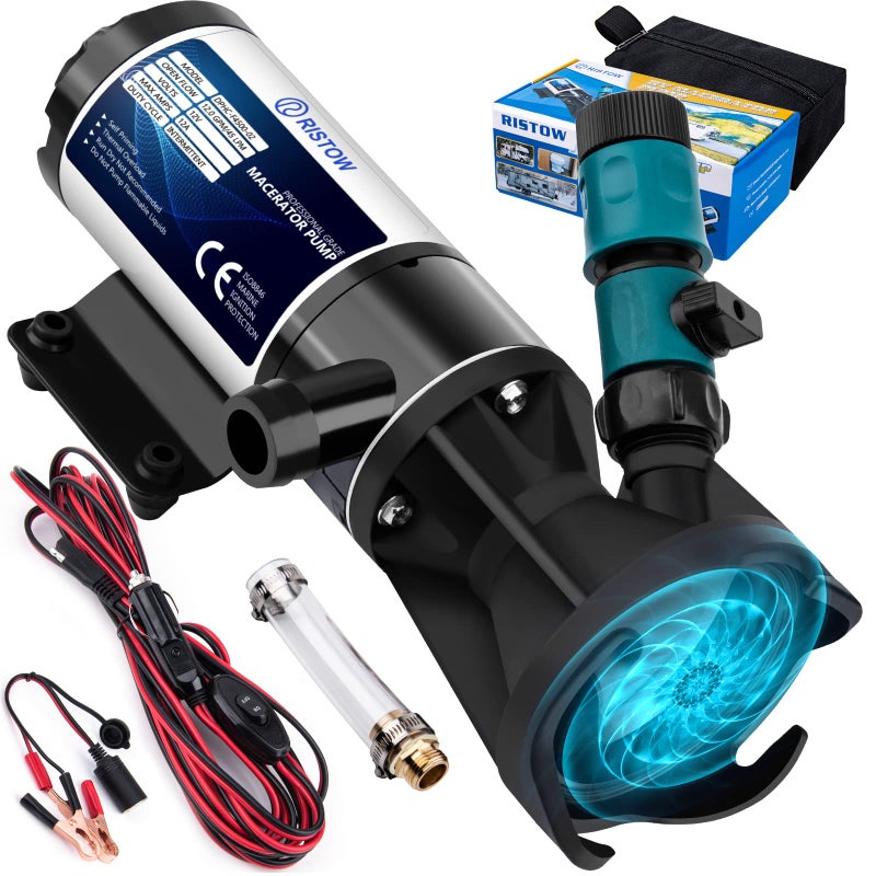 Ristow RV Macerator Pump 12V, 12GPM RV Waste Water Pump Self-Priming Sewer Pump with Garden Hose Discharge Port, Quick Release Sewage Pump with 10FT Tubing - Image 1