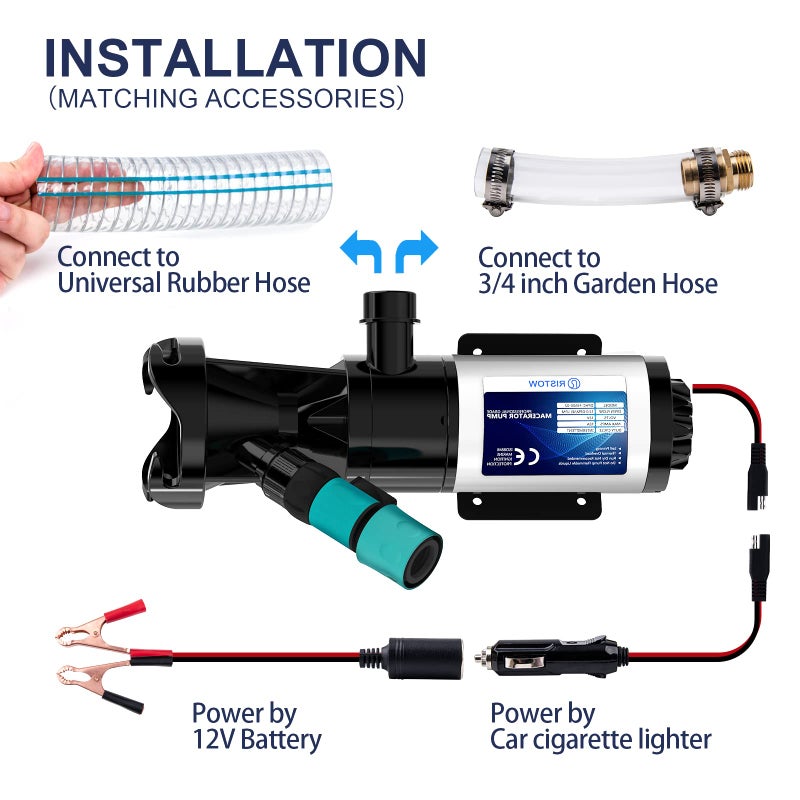 Ristow RV Macerator Pump 12V, 12GPM RV Waste Water Pump Self-Priming Sewer Pump with Garden Hose Discharge Port, Quick Release Sewage Pump with 10FT Tubing - Image 2
