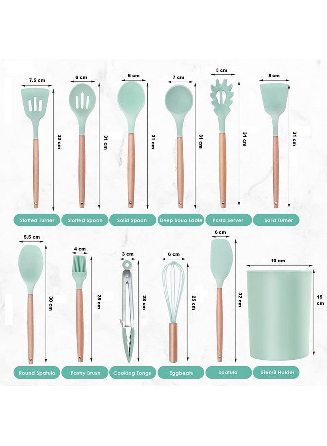JUGTE Silicone Spatula Silicone Kitchen Utensils Set 12 Pcs Non-Stick Cooking Utensils Set Sturdy Insulation Wooden Handle Kitchen Accessories for Cooking with Spatula Set (Green) - Image 2