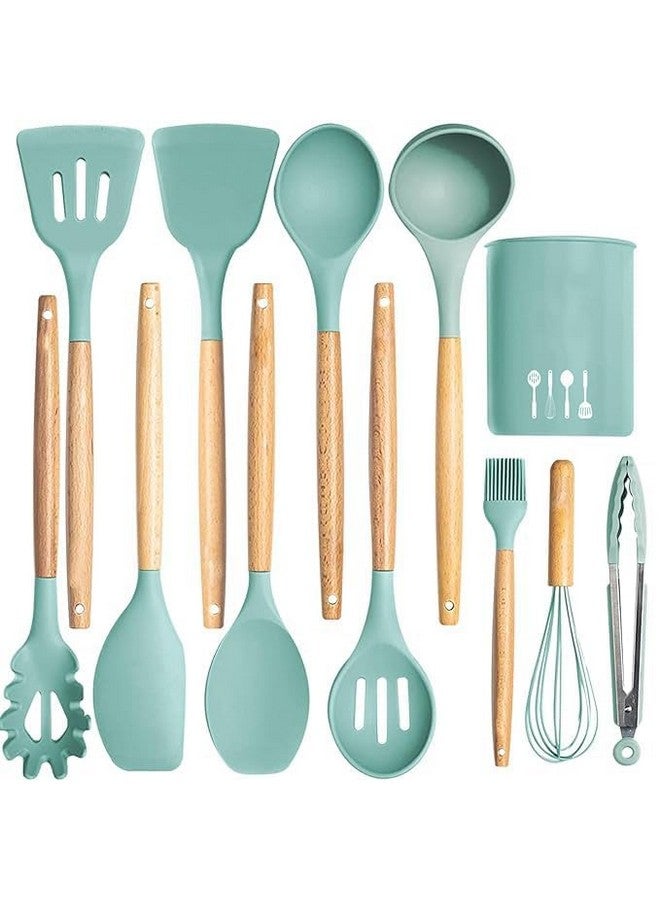 JUGTE Silicone Spatula Silicone Kitchen Utensils Set 12 Pcs Non-Stick Cooking Utensils Set Sturdy Insulation Wooden Handle Kitchen Accessories for Cooking with Spatula Set (Green) - Image 1
