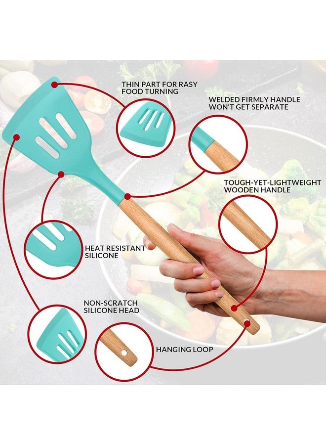 JUGTE Silicone Spatula Silicone Kitchen Utensils Set 12 Pcs Non-Stick Cooking Utensils Set Sturdy Insulation Wooden Handle Kitchen Accessories for Cooking with Spatula Set (Green) - Image 3