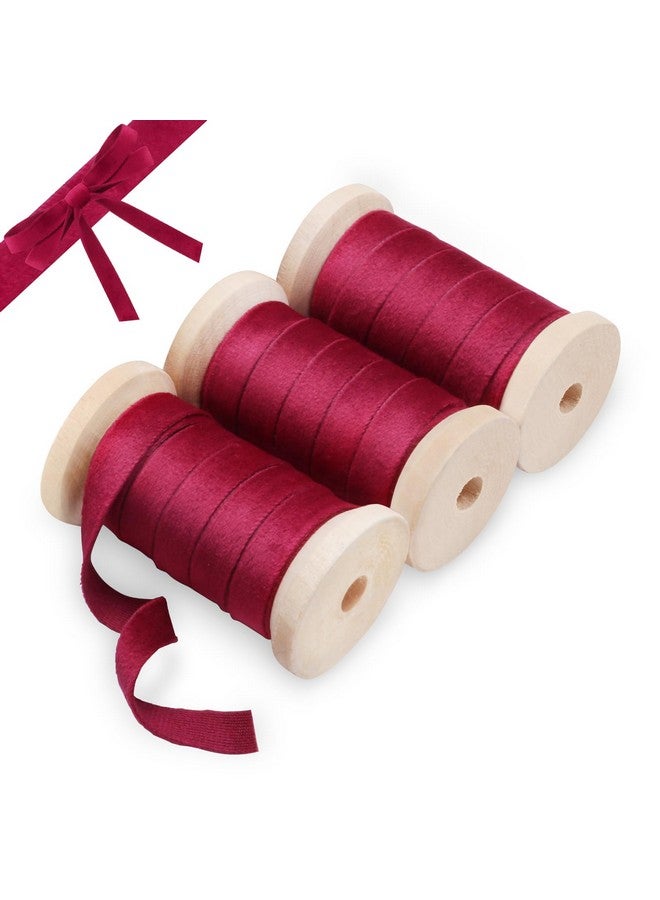 AuroTrends Velvet Christmas Ribbon With Wooden Spool 3/8" X 15 Yd, Burgundy Velvet Ribbon For Christmas Tree 3Rolls- 3/8 Velvet Ribbon For Christmas Wreath Decoration Gift Wrapping &Bow Making - Image 1