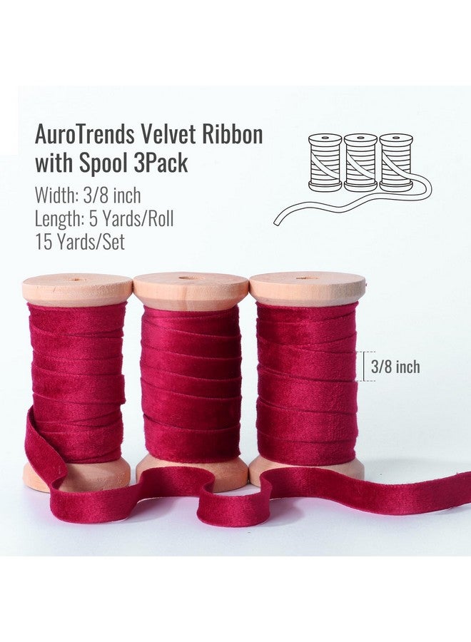 AuroTrends Velvet Christmas Ribbon With Wooden Spool 3/8" X 15 Yd, Burgundy Velvet Ribbon For Christmas Tree 3Rolls- 3/8 Velvet Ribbon For Christmas Wreath Decoration Gift Wrapping &Bow Making - Image 3