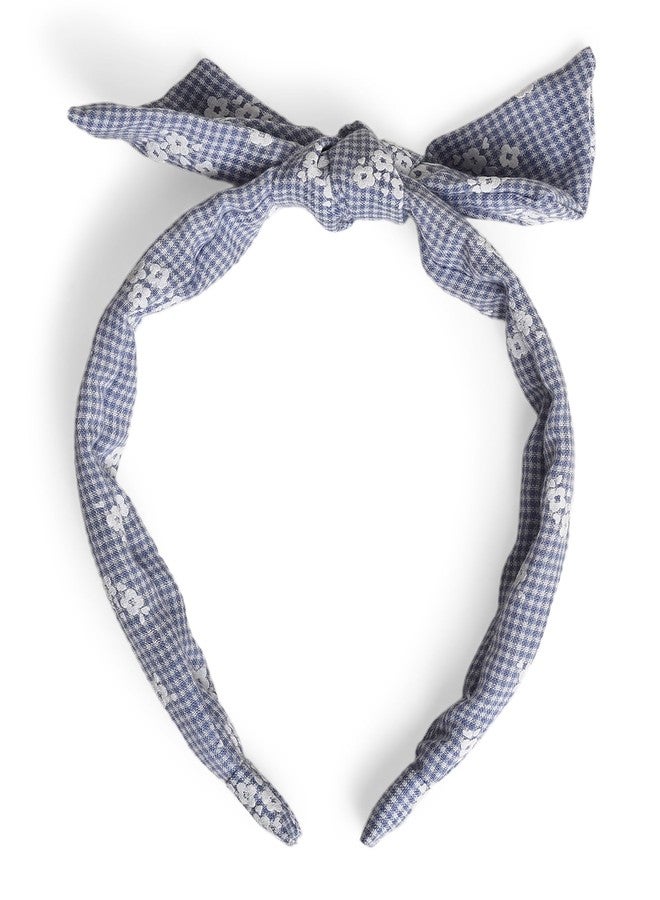 Mi Arcus Gingham Floral Knot Hairband with Embroidered Detailing- Navy Blue - Image 1
