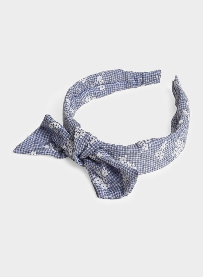 Mi Arcus Gingham Floral Knot Hairband with Embroidered Detailing- Navy Blue - Image 2