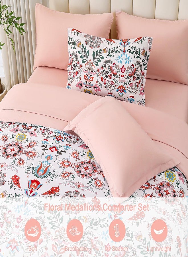 DHSFKBE Boho Comforter Set Queen - 7 Pieces Bed in a Bag Floral Design, Bohemian Comforter Set with Sheets, Soft Microfiber Complete Bedding Sets All Season (Light Pink, Queen) - Image 4