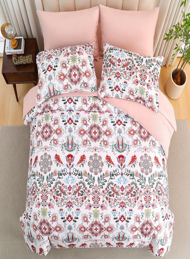 DHSFKBE Boho Comforter Set Queen - 7 Pieces Bed in a Bag Floral Design, Bohemian Comforter Set with Sheets, Soft Microfiber Complete Bedding Sets All Season (Light Pink, Queen) - Image 3