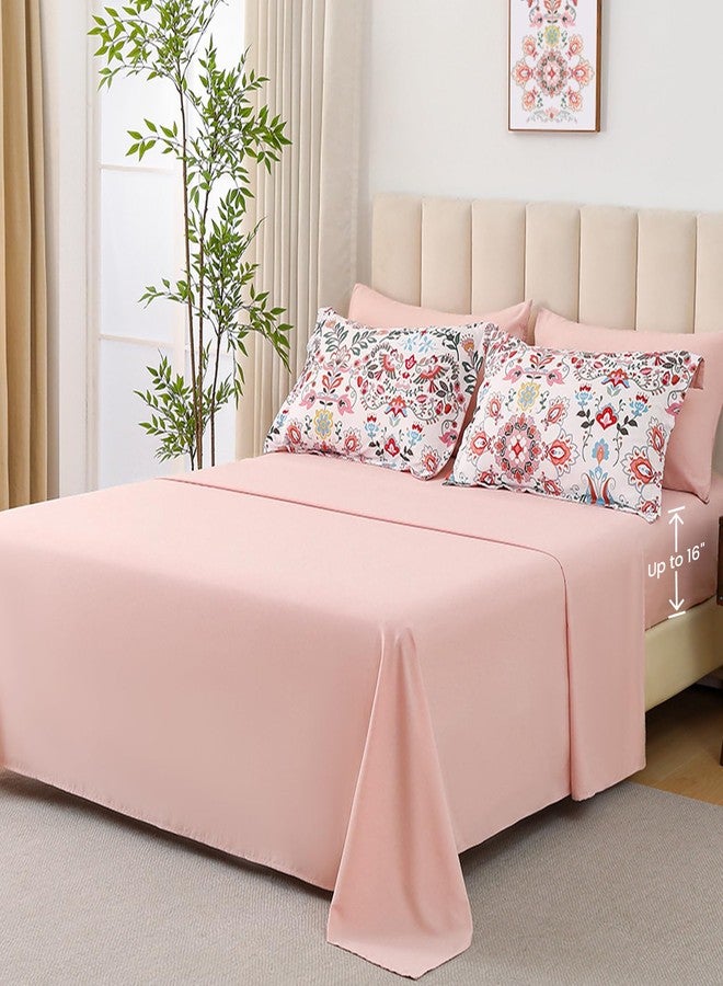 DHSFKBE Boho Comforter Set Queen - 7 Pieces Bed in a Bag Floral Design, Bohemian Comforter Set with Sheets, Soft Microfiber Complete Bedding Sets All Season (Light Pink, Queen) - Image 5