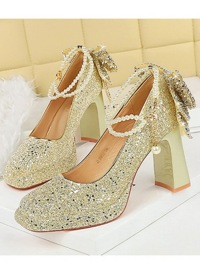 BIGTREE Womens Shiny Sequins Platform Chunky High Heel Square Closed Toe Ankle Strap Beaded Bowknot Decoration Pumps Light Gold 9CM - Image 1