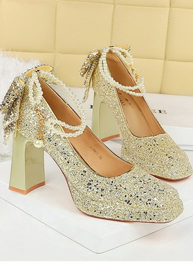 BIGTREE Womens Shiny Sequins Platform Chunky High Heel Square Closed Toe Ankle Strap Beaded Bowknot Decoration Pumps Light Gold 9CM - Image 2