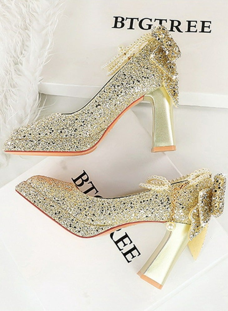 BIGTREE Womens Shiny Sequins Platform Chunky High Heel Square Closed Toe Ankle Strap Beaded Bowknot Decoration Pumps Light Gold 9CM - Image 3